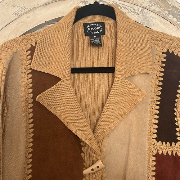 Vintage 90s Western Genuine Leather Patchwork and Knit Cardigan Sweater - Picture 2 of 6